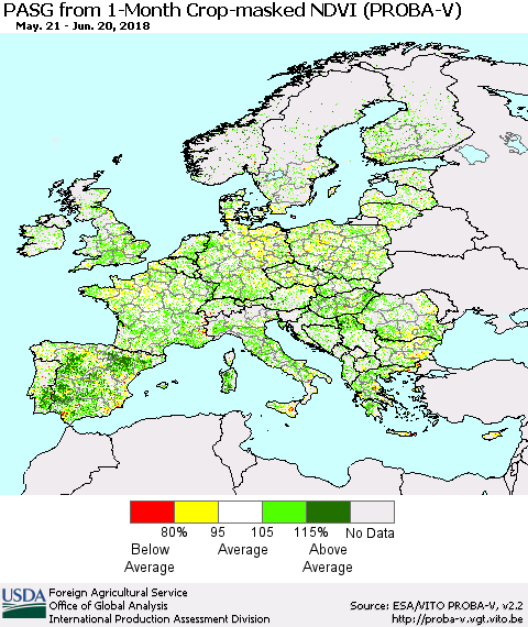 Europe PASG from 1-Month Crop-masked NDVI (PROBA-V) Thematic Map For 6/11/2018 - 6/20/2018