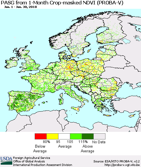 Europe PASG from 1-Month Crop-masked NDVI (PROBA-V) Thematic Map For 6/21/2018 - 6/30/2018