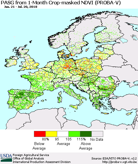 Europe PASG from 1-Month Crop-masked NDVI (PROBA-V) Thematic Map For 7/11/2018 - 7/20/2018