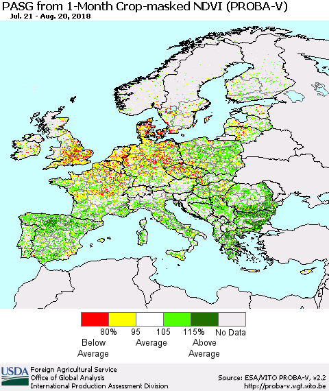 Europe PASG from 1-Month Crop-masked NDVI (PROBA-V) Thematic Map For 8/11/2018 - 8/20/2018