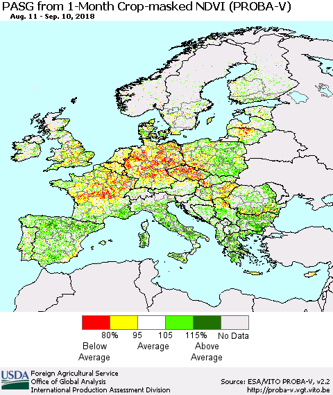 Europe PASG from 1-Month Crop-masked NDVI (PROBA-V) Thematic Map For 9/1/2018 - 9/10/2018