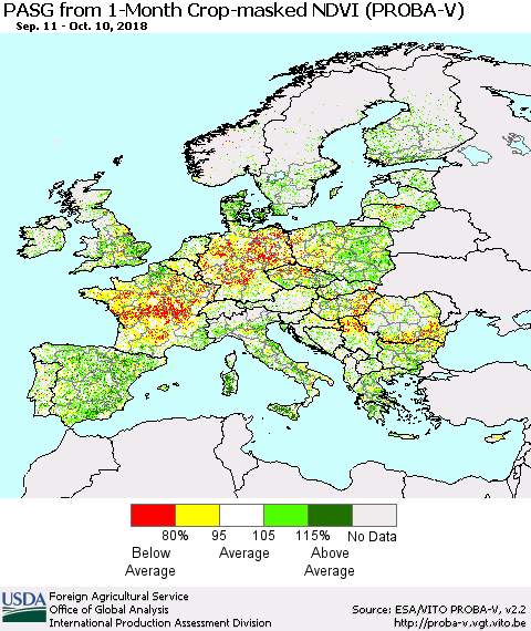 Europe PASG from 1-Month Crop-masked NDVI (PROBA-V) Thematic Map For 10/1/2018 - 10/10/2018