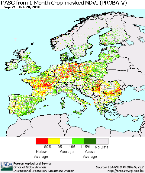 Europe PASG from 1-Month Crop-masked NDVI (PROBA-V) Thematic Map For 10/11/2018 - 10/20/2018