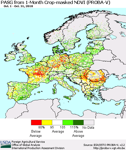 Europe PASG from 1-Month Crop-masked NDVI (PROBA-V) Thematic Map For 10/21/2018 - 10/31/2018
