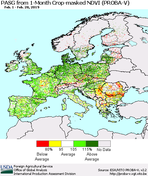 Europe PASG from 1-Month Crop-masked NDVI (PROBA-V) Thematic Map For 2/21/2019 - 2/28/2019