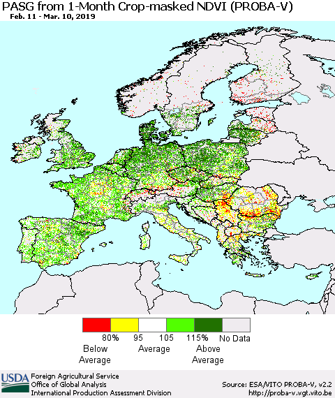 Europe PASG from 1-Month Crop-masked NDVI (PROBA-V) Thematic Map For 3/1/2019 - 3/10/2019