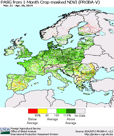 Europe PASG from 1-Month Crop-masked NDVI (PROBA-V) Thematic Map For 4/11/2019 - 4/20/2019