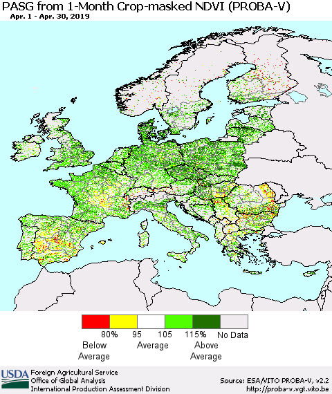 Europe PASG from 1-Month Crop-masked NDVI (PROBA-V) Thematic Map For 4/21/2019 - 4/30/2019
