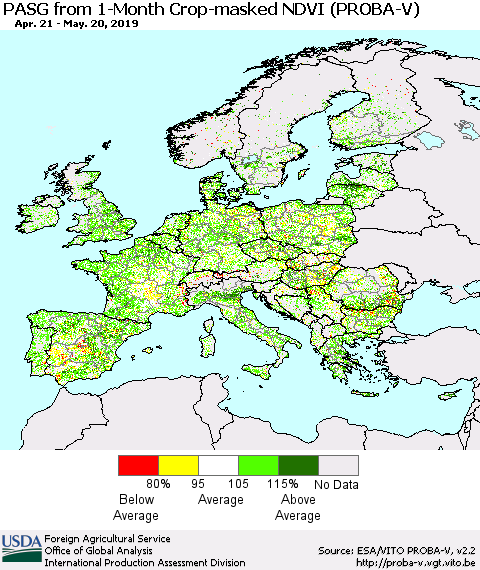 Europe PASG from 1-Month Crop-masked NDVI (PROBA-V) Thematic Map For 5/11/2019 - 5/20/2019