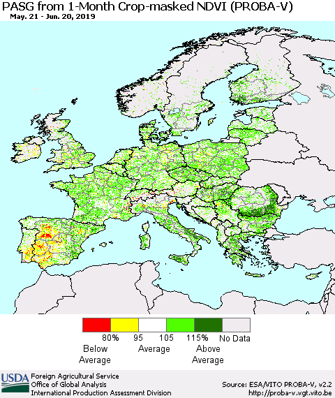 Europe PASG from 1-Month Crop-masked NDVI (PROBA-V) Thematic Map For 6/11/2019 - 6/20/2019