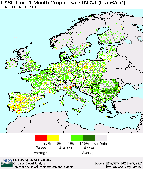 Europe PASG from 1-Month Crop-masked NDVI (PROBA-V) Thematic Map For 7/1/2019 - 7/10/2019