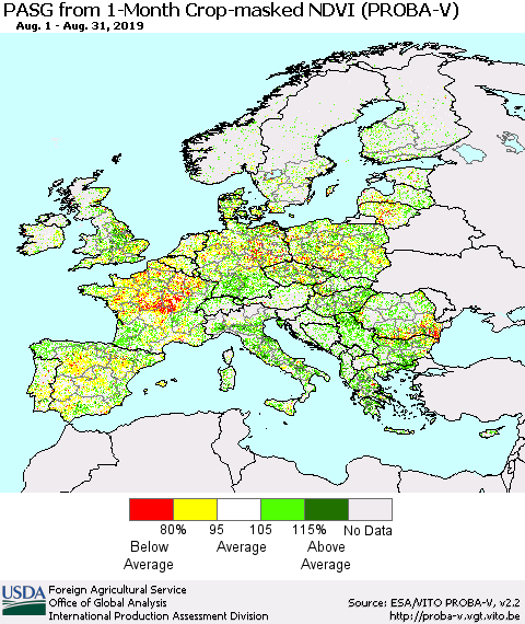 Europe PASG from 1-Month Crop-masked NDVI (PROBA-V) Thematic Map For 8/21/2019 - 8/31/2019