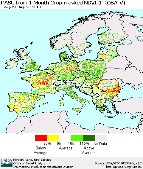 Europe PASG from 1-Month Crop-masked NDVI (PROBA-V) Thematic Map For 9/11/2019 - 9/20/2019