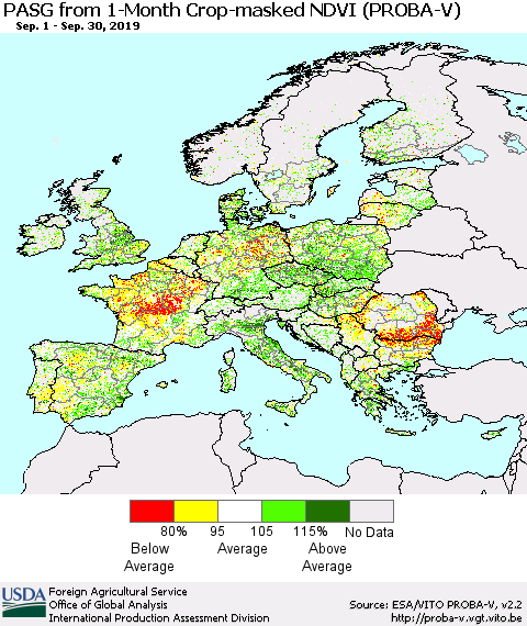 Europe PASG from 1-Month Crop-masked NDVI (PROBA-V) Thematic Map For 9/21/2019 - 9/30/2019