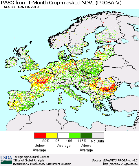 Europe PASG from 1-Month Crop-masked NDVI (PROBA-V) Thematic Map For 10/1/2019 - 10/10/2019