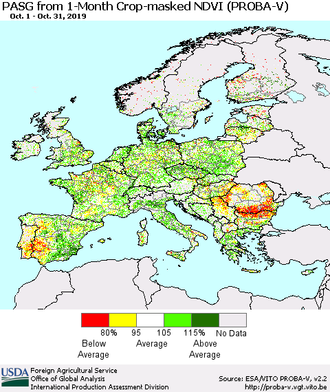 Europe PASG from 1-Month Crop-masked NDVI (PROBA-V) Thematic Map For 10/21/2019 - 10/31/2019