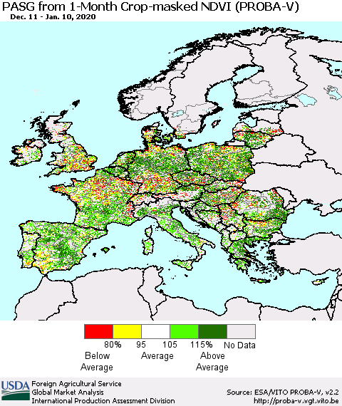 Europe PASG from 1-Month Crop-masked NDVI (PROBA-V) Thematic Map For 1/1/2020 - 1/10/2020