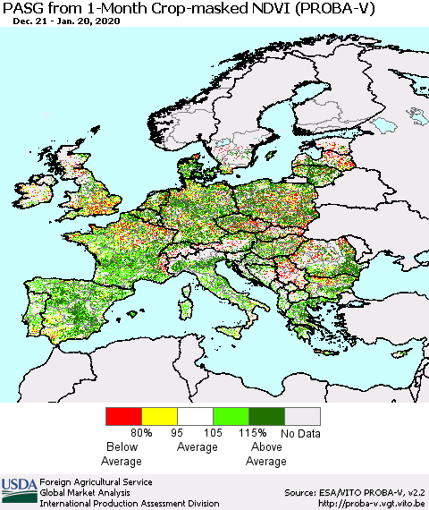 Europe PASG from 1-Month Crop-masked NDVI (PROBA-V) Thematic Map For 1/11/2020 - 1/20/2020