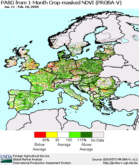 Europe PASG from 1-Month Crop-masked NDVI (PROBA-V) Thematic Map For 2/1/2020 - 2/10/2020