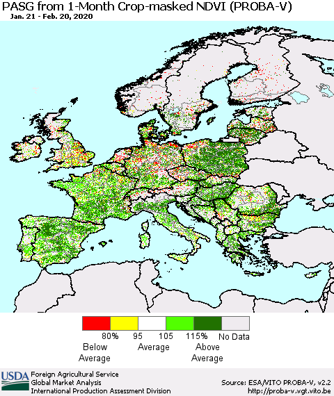 Europe PASG from 1-Month Crop-masked NDVI (PROBA-V) Thematic Map For 2/11/2020 - 2/20/2020