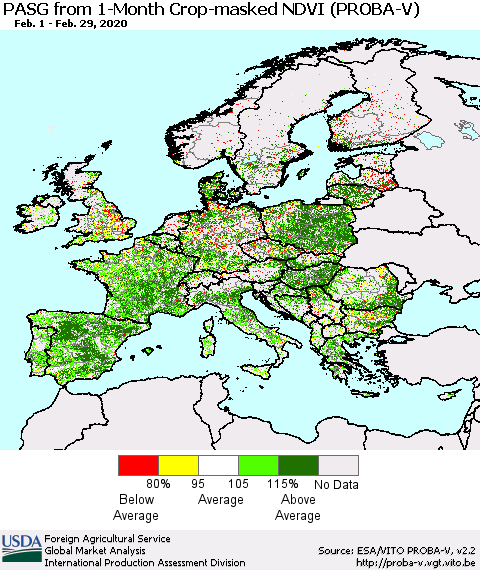Europe PASG from 1-Month Crop-masked NDVI (PROBA-V) Thematic Map For 2/21/2020 - 2/29/2020
