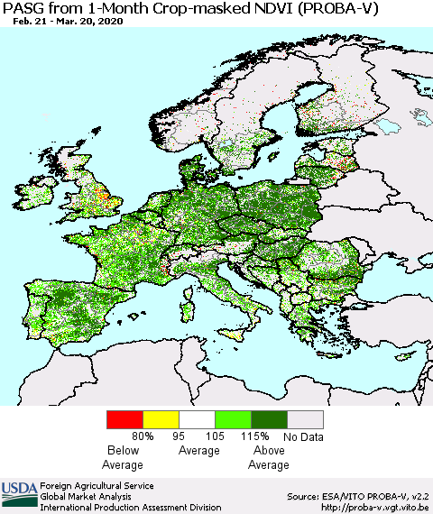 Europe PASG from 1-Month Crop-masked NDVI (PROBA-V) Thematic Map For 3/11/2020 - 3/20/2020