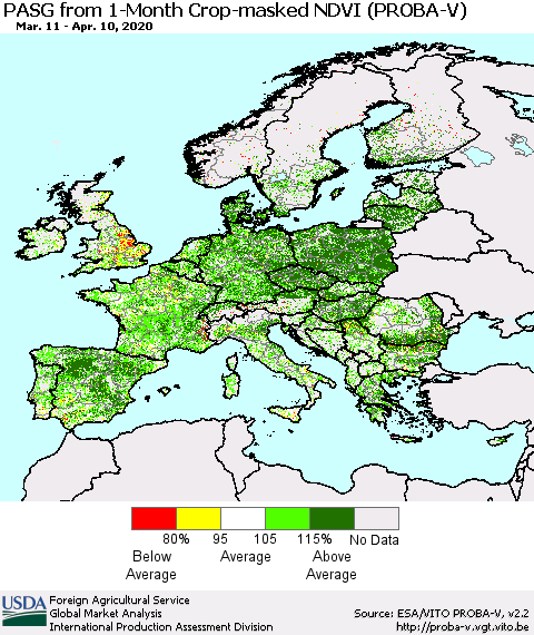 Europe PASG from 1-Month Crop-masked NDVI (PROBA-V) Thematic Map For 4/1/2020 - 4/10/2020