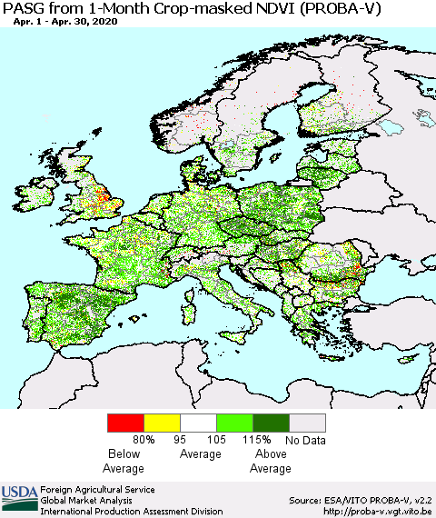 Europe PASG from 1-Month Crop-masked NDVI (PROBA-V) Thematic Map For 4/21/2020 - 4/30/2020
