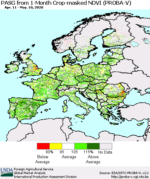 Europe PASG from 1-Month Crop-masked NDVI (PROBA-V) Thematic Map For 5/1/2020 - 5/10/2020