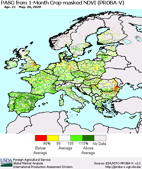 Europe PASG from 1-Month Crop-masked NDVI (PROBA-V) Thematic Map For 5/11/2020 - 5/20/2020
