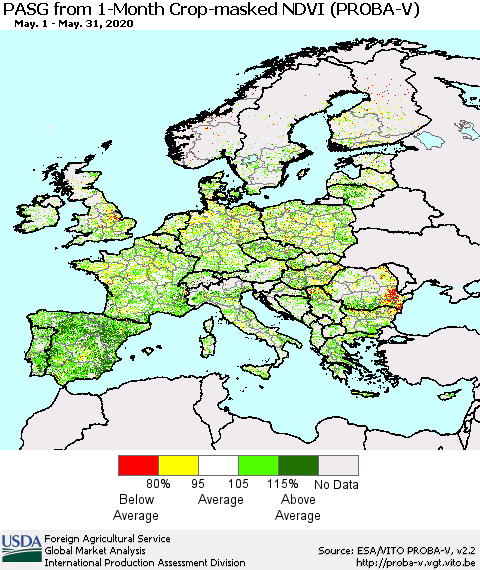 Europe PASG from 1-Month Crop-masked NDVI (PROBA-V) Thematic Map For 5/21/2020 - 5/31/2020