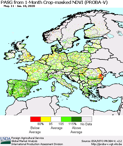 Europe PASG from 1-Month Crop-masked NDVI (PROBA-V) Thematic Map For 6/1/2020 - 6/10/2020