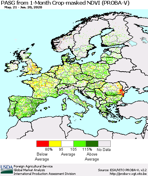 Europe PASG from 1-Month Crop-masked NDVI (PROBA-V) Thematic Map For 6/11/2020 - 6/20/2020