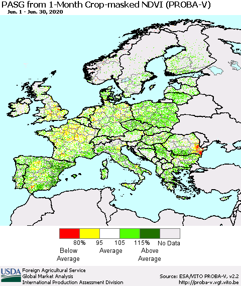 Europe PASG from 1-Month Crop-masked NDVI (PROBA-V) Thematic Map For 6/21/2020 - 6/30/2020