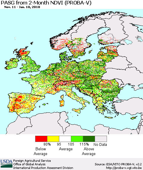 Europe PASG from 2-Month NDVI (PROBA-V) Thematic Map For 1/1/2018 - 1/10/2018