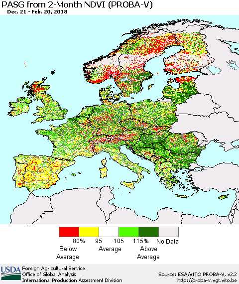 Europe PASG from 2-Month NDVI (PROBA-V) Thematic Map For 2/11/2018 - 2/20/2018