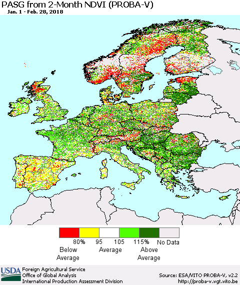 Europe PASG from 2-Month NDVI (PROBA-V) Thematic Map For 2/21/2018 - 2/28/2018