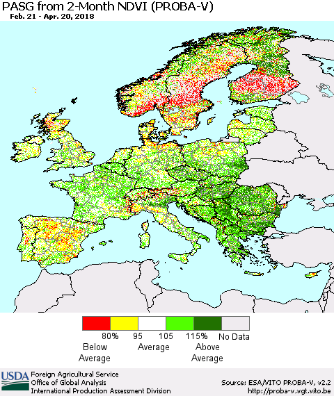 Europe PASG from 2-Month NDVI (PROBA-V) Thematic Map For 4/11/2018 - 4/20/2018