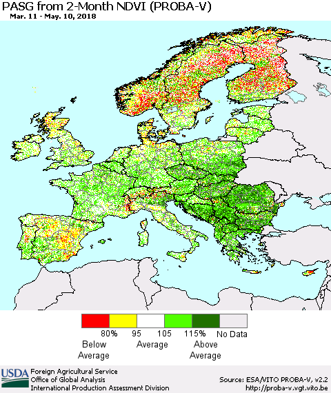 Europe PASG from 2-Month NDVI (PROBA-V) Thematic Map For 5/1/2018 - 5/10/2018