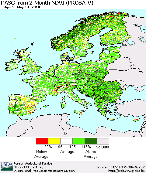 Europe PASG from 2-Month NDVI (PROBA-V) Thematic Map For 5/21/2018 - 5/31/2018