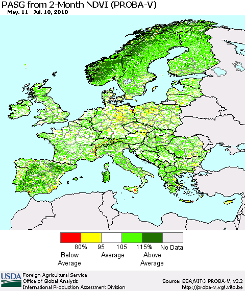 Europe PASG from 2-Month NDVI (PROBA-V) Thematic Map For 7/1/2018 - 7/10/2018