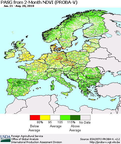 Europe PASG from 2-Month NDVI (PROBA-V) Thematic Map For 8/11/2018 - 8/20/2018