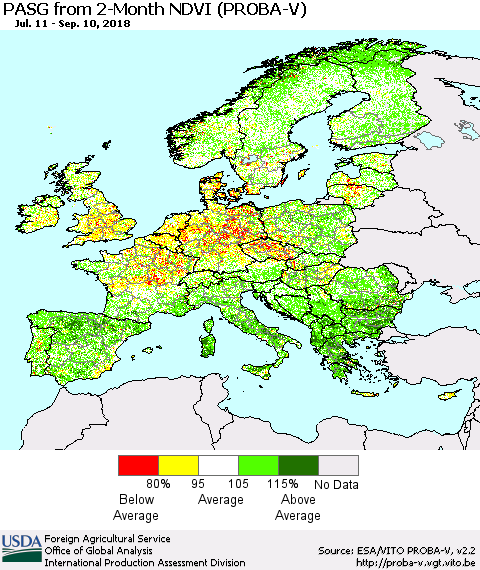 Europe PASG from 2-Month NDVI (PROBA-V) Thematic Map For 9/1/2018 - 9/10/2018