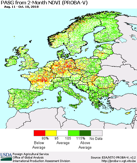 Europe PASG from 2-Month NDVI (PROBA-V) Thematic Map For 10/1/2018 - 10/10/2018