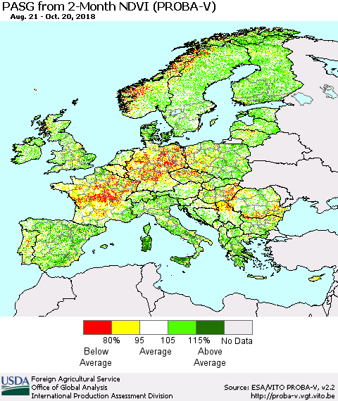 Europe PASG from 2-Month NDVI (PROBA-V) Thematic Map For 10/11/2018 - 10/20/2018