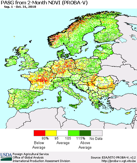 Europe PASG from 2-Month NDVI (PROBA-V) Thematic Map For 10/21/2018 - 10/31/2018