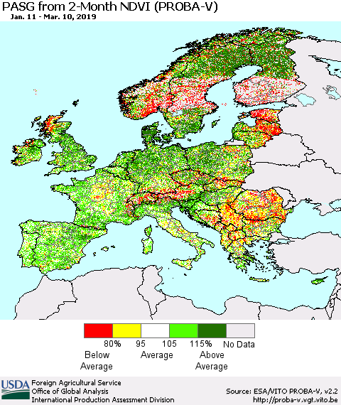 Europe PASG from 2-Month NDVI (PROBA-V) Thematic Map For 3/1/2019 - 3/10/2019