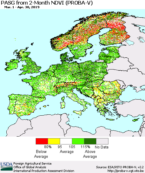 Europe PASG from 2-Month NDVI (PROBA-V) Thematic Map For 4/21/2019 - 4/30/2019