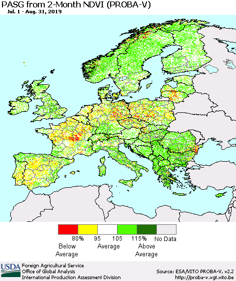 Europe PASG from 2-Month NDVI (PROBA-V) Thematic Map For 8/21/2019 - 8/31/2019