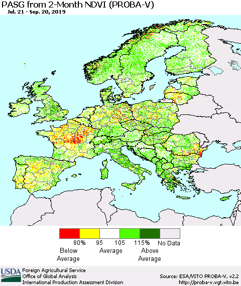 Europe PASG from 2-Month NDVI (PROBA-V) Thematic Map For 9/11/2019 - 9/20/2019